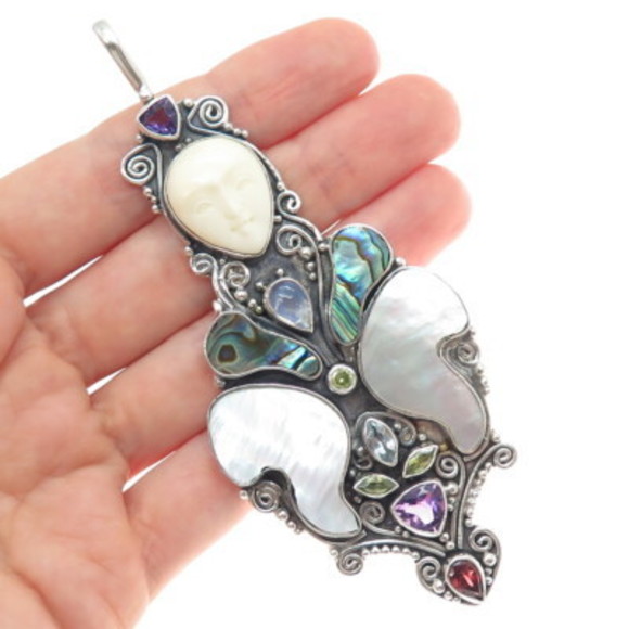 925 Sterling Silver Vintage Real Multi-Color Gem Moon...